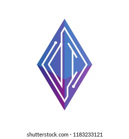 DI Initial letter block chain logo icon vector template. Looping mono line circuit letter on rhombus cube logo