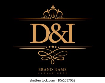 D&I Initial logo, Ampersand initial logo gold with crown and classic pattern