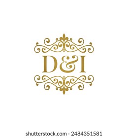 DI logo with gold ornament. Initials D ampersand I for business partner or wedding symbol	