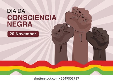 Dia da Consciência Negra ilustração vetorial com punhos levantados simbolizando orgulho negro e resistência, com cores africanas. 