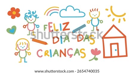 Dia das crianças hand-drawn poster illustration. Portuguese writting children's day doodle set crayon vector. 