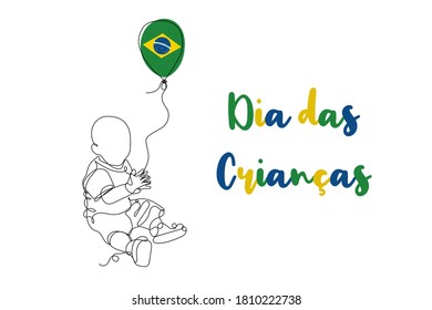 Dia das crianças translate brazilian Children Day. One continuous line children with green air balloon Brazil flag. Graphic design holiday. Vector illustration