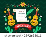 Dia De La Constitucion Vector Illustration. Translation: Happy Constitution Day of Mexico on February 5 with Mexican Hat and Waving Flag Background