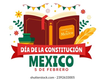 Dia De La Constitucion Vector Illustration. Translation: Happy Constitution Day of Mexico on February 5 with Mexican Hat and Waving Flag Background