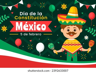 Ilustración vectorial Dia De La Constitucion. Traducción: Feliz Día de la Constitución de México el 5 de febrero con sombrero mexicano y fondo de bandera ondeando