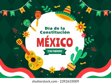 Dia De La Constitucion Vector Illustration. Translation: Happy Constitution Day of Mexico on February 5 with Mexican Hat and Waving Flag Background