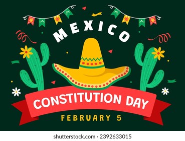 Dia De La Constitucion Vector Illustration. Translation: Happy Constitution Day of Mexico on February 5 with Mexican Hat and Waving Flag Background