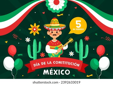 Dia De La Constitucion Vector Illustration. Translation: Happy Constitution Day of Mexico on February 5 with Mexican Hat and Waving Flag Background