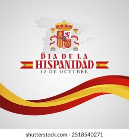 Dia de la Hispanidad 12 de outubro de 2024. Tradução : Dia Nacional da Espanha, 12 de outubro de 2024. Design com Ilustração de Bandeira 3D Elegante, Emblema Nacional e Mapa Pontilhado. Ilustração de vetor