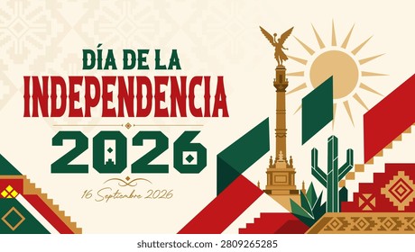 Dia de la Independencia Mexico 2026 Cultural Landmark Banner. Flat style horizontal celebration layout for Mexico's Independence Day featuring El Angel de la Independencia and Mayan step pyramids. Translation : Happy Independence day!