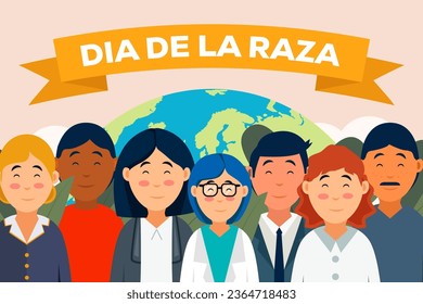 dia de la Raza background illustration with people of different races. Translation: day of the race