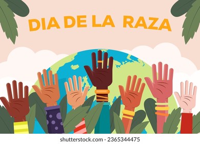 dia de la Raza background illustration with hands different skin tone. Translation: day of the race