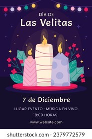 Dia de las velitas background. Translate - Day of the Little Candles. Dia de las velitas celebration. December 7. Cartoon Vector illustration Template for Poster, Banner, Flyer, Greeting, Card, post.