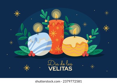 Dia de las velitas background. Translate - Day of the Little Candles. Dia de las velitas celebration. December 7. Cartoon Vector illustration Template for Poster, Banner, Flyer, Greeting, Card, post.