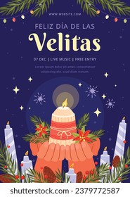 Dia de las velitas background. Translate - Day of the Little Candles. Dia de las velitas celebration. December 7. Cartoon Vector illustration Template for Poster, Banner, Flyer, Greeting, Card, post.