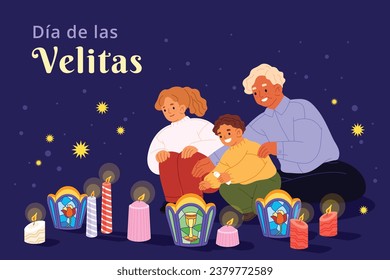 Dia de las velitas background. Translate - Day of the Little Candles. Dia de las velitas celebration. December 7. Cartoon Vector illustration Template for Poster, Banner, Flyer, Greeting, Card, post.