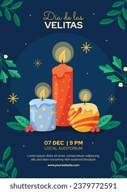 Dia de las velitas background. Translate - Day of the Little Candles. Dia de las velitas celebration. December 7. Cartoon Vector illustration Template for Poster, Banner, Flyer, Greeting, Card, post.