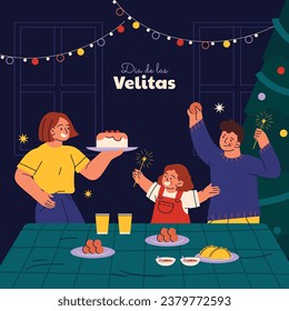 Dia de las velitas hintergrund. Übersetzen - Tag der Kleinen Kerzen. Dia de las velitas Feier. 7. Dezember. Cartoon Vektorgrafik Vorlage für Poster, Banner, Flyer, Gruß, Karte, Post.