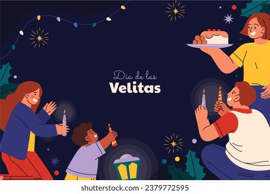 Dia de las velitas background. Translate - Day of the Little Candles. Dia de las velitas celebration. December 7. Cartoon Vector illustration Template for Poster, Banner, Flyer, Greeting, Card, post.