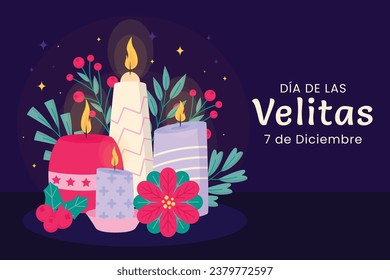 Dia de las velitas background. Translate - Day of the Little Candles. Dia de las velitas celebration. December 7. Cartoon Vector illustration Template for Poster, Banner, Flyer, Greeting, Card, post.