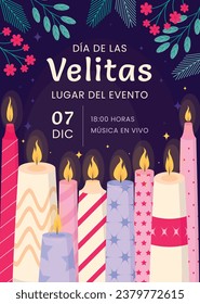 Dia de las velitas background. Translate - Day of the Little Candles. Dia de las velitas celebration. December 7. Cartoon Vector illustration Template for Poster, Banner, Flyer, Greeting, Card, post.