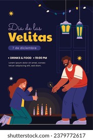 Dia de las velitas hintergrund. Übersetzen - Tag der Kleinen Kerzen. Dia de las velitas Feier. 7. Dezember. Cartoon Vektorgrafik Vorlage für Poster, Banner, Flyer, Gruß, Karte, Post.