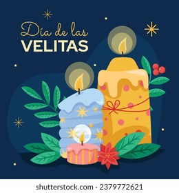 Dia de las velitas background. Translate - Day of the Little Candles. Dia de las velitas celebration. December 7. Cartoon Vector illustration Template for Poster, Banner, Flyer, Greeting, Card, post.