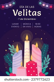 Dia de las velitas background. Translate - Day of the Little Candles. Dia de las velitas celebration. December 7. Cartoon Vector illustration Template for Poster, Banner, Flyer, Greeting, Card, post.