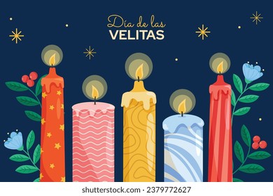 Dia de las velitas background. Translate - Day of the Little Candles. Dia de las velitas celebration. December 7. Cartoon Vector illustration Template for Poster, Banner, Flyer, Greeting, Card, post.