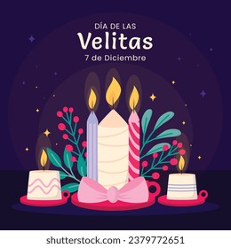 Dia de las velitas background. Translate - Day of the Little Candles. Dia de las velitas celebration. December 7. Cartoon Vector illustration Template for Poster, Banner, Flyer, Greeting, Card, post.