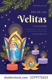 Dia de las velitas background. Translate - Day of the Little Candles. Dia de las velitas celebration. December 7. Cartoon Vector illustration Template for Poster, Banner, Flyer, Greeting, Card, post.