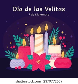 Dia de las velitas background. Translate - Day of the Little Candles. Dia de las velitas celebration. December 7. Cartoon Vector illustration Template for Poster, Banner, Flyer, Greeting, Card, post.