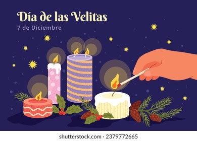 Dia de las velitas background. Translate - Day of the Little Candles. Dia de las velitas celebration. December 7. Cartoon Vector illustration Template for Poster, Banner, Flyer, Greeting, Card, post.