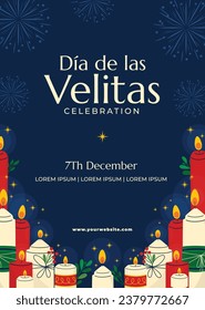 Antecedentes del Dia de las velitas. Traducción - Día de las Velas Pequeñas. Celebración de Dia de las velitas. 7 de diciembre. Plantilla de ilustración de vectores de caricatura para afiche, pancarta, volante, saludo, tarjeta, publicación.