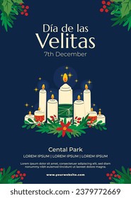 Dia de las velitas background. Translate - Day of the Little Candles. Dia de las velitas celebration. December 7. Cartoon Vector illustration Template for Poster, Banner, Flyer, Greeting, Card, post.