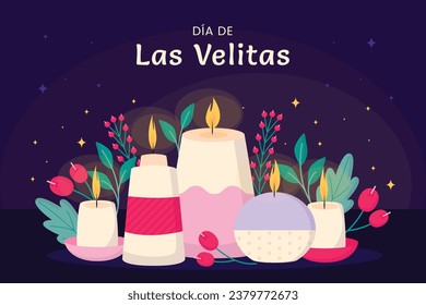 Dia de las velitas background. Translate - Day of the Little Candles. Dia de las velitas celebration. December 7. Cartoon Vector illustration Template for Poster, Banner, Flyer, Greeting, Card, post.