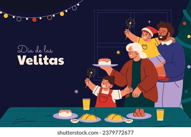 Dia de las velitas background. Translate - Day of the Little Candles. Dia de las velitas celebration. December 7. Cartoon Vector illustration Template for Poster, Banner, Flyer, Greeting, Card, post.