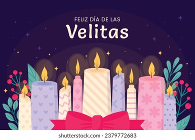 Dia de las velitas background. Translate - Day of the Little Candles. Dia de las velitas celebration. December 7. Cartoon Vector illustration Template for Poster, Banner, Flyer, Greeting, Card, post.