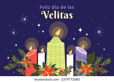 Dia de las velitas background. Translate - Day of the Little Candles. Dia de las velitas celebration. December 7. Cartoon Vector illustration Template for Poster, Banner, Flyer, Greeting, Card, post.