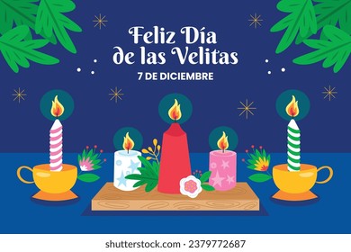 Dia de las velitas background. Translate - Day of the Little Candles. Dia de las velitas celebration. December 7. Cartoon Vector illustration Template for Poster, Banner, Flyer, Greeting, Card, post.