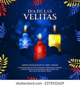 Dia De Las Velitas colorful candle with shiny blue background