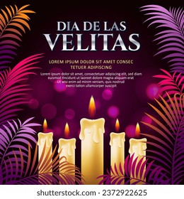 Dia De Las Velitas with golden light candle illustration with shiny purple background