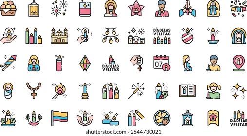 Dia de las velitas icons Hochwertige Vektorsymbol-Kollektion mit bearbeitbarem Strich. Ideal für professionelle und kreative Projekte.