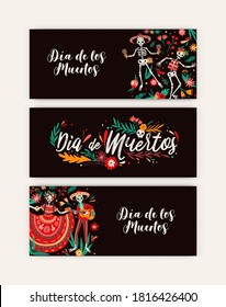 Dia de los angelitos party flyers set vector flat illustration. Bundle of colorful seasonal carnival event invitation. National Mexican holiday with Halloween attributes - skulls and skeletons