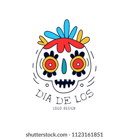 Dia De Los logo, Mexican Day of the Dead holiday poster with sugar skull and maracas, party banner, poster, greeting card or invitation hand drawn vector Illustration