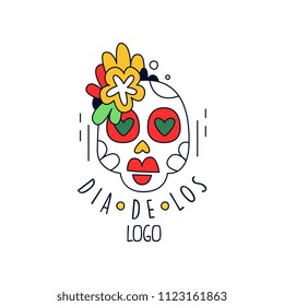 Dia De Los logo, Mexican Day of the Dead holiday design element with sugar skull, party banner, poster, greeting card or invitation hand drawn vector Illustration