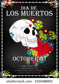 Dia de los moertos means Day of the dead, banner with colorful Mexican flowers. Fiesta, holiday poster, party flyer, funny greeting card.