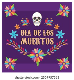 Dia de los moertos no México. Crânio humano pintado com flores coloridas. Conceito de Dia dos Mortos. Ilustração de vetor plano.