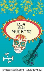 Dia de los moertos spanish lettering with sugar skull. Day of the dead traditional Mexican holiday banner, poster, party invitation flyer, greeting card, print. Vector illustration eps10