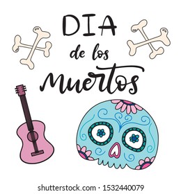 Dia de los moertos spanish lettering with sugar skull and pink guitar. Day of the dead traditional Mexican holiday banner, poster, party invitation flyer, greeting card, print. Vector illustration